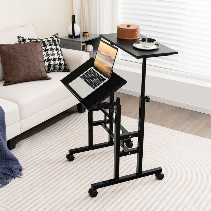 Costway Mobile Standing Desk Rolling Adjustable Laptop Cart Home Office Walnut\Natural, 2 of 11