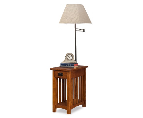 Favorite Finds Mission Chairside Swing Arm Lamp Table with Burlap Shade Medium Oak - Leick Home