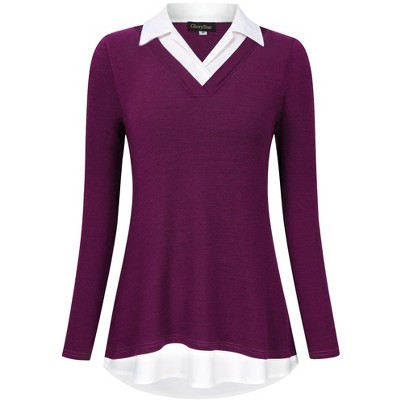 Women's Long Sleeve V Neck Contrast Collared Shirts Patchwork Work Blouse Tunics Tops