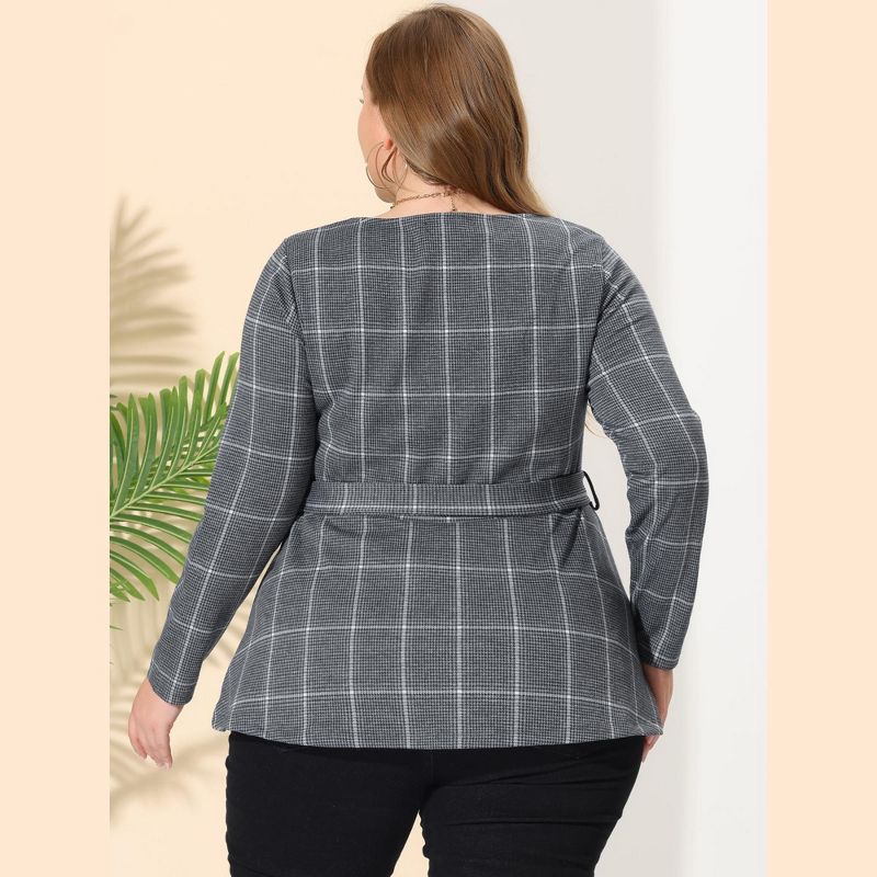 Agnes Orinda Women's Plus Size Houndstooth Formal Outfits Plaid Tie Waist Workwear Blouses, 5 of 7