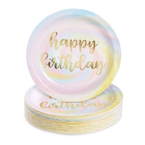 Blue Panda 48-Pack Rainbow Pastel Party Decorations, Gold Foil Happy Birthday Plates, 9 In - 1 of 4