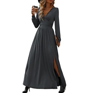 Coolmee Women's Sexy Deep V Neck Solid Color Pleated High Waist Slit Club Party Evening Long Maxi Dress - 1 of 4