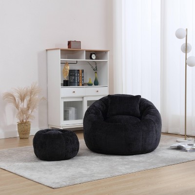 Vynxaria Modern Extra Large Round Bean Bag Chair - Chenille Fabric, with Footrest & Pillow, 300LBS Capacity