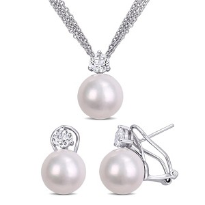 EVERLY JEWELRY | Sterling Silver 11-12mm Cultured Freshwater Pearl & 1 3/4 Ct TGW White Topaz Omega Clip Earrings & Pendant with Triple Strand Chain - 1 of 4