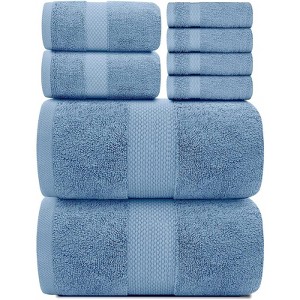 BRINJOY Luxury Bath Towel Set of 8 - 100% Turkish Cotton Highly Absorbent, 2 Luxury Bath Towels 700GSM, 2 Hand Towels, 4 Washcloths, Light Blue - 1 of 4