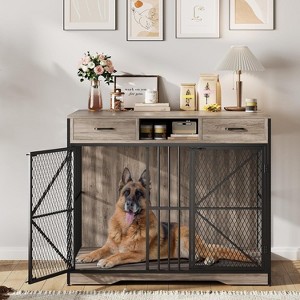 Acekool 44" Dog Crate Furniture with Drawers, Double Doors, Open Compartment, Heavy Duty Indoor Dog House End Table, Brown & Black - 1 of 4