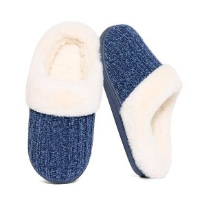 TIME HOLLOW Blue Chenille Slippers With Wool-Like Lining - 1 of 3