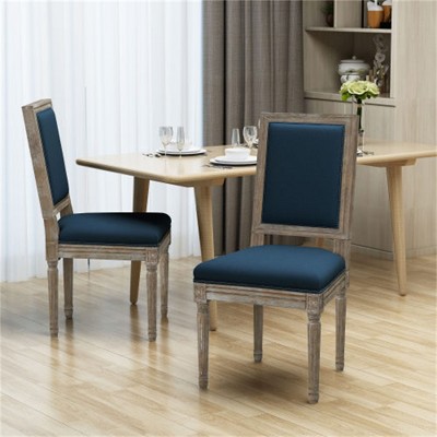 SKRAN Traditional Dining Chairs (Set of 2) for Kitchen or Dining Room - Navy Blue Fabric Upholstered with Weathered Wood Finish and Rubberwood Legs