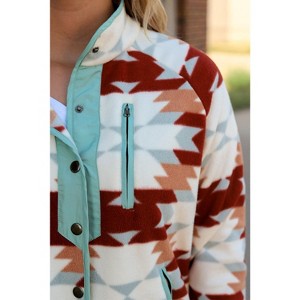 Western Aztec Buttoned Zipper Pockets Fleece Jacket - 1 of 4