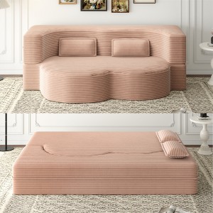 TiramisuBest Modern Floor Sofa with 2 Pillows, Convertible Plush Corduroy Sleeper Sofa Bed, Full-Size 15" Foam Folding Mattress, Beige - 1 of 4
