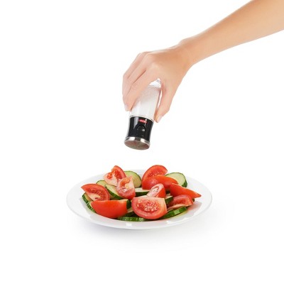 Clear and Black Acrylic Salt and Pepper Shaker Set with Stainless Steel Accents