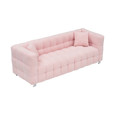 VYNXARIA Pink Teddy Fleece Sofa - 80 Inch, Perfect for Living Room or Bedroom, Complete with Two Throw Pillows and Sturdy Hardware Foot Support