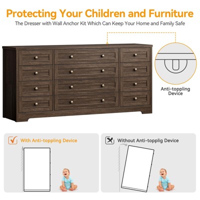 12 Drawers Wood Dressers for Bedroom, 63" Long Wooden Dresser for Living Room, Hallway, 16" Wide TV Stand Dresser for 65 Inch TV, Solid Wood Dressers