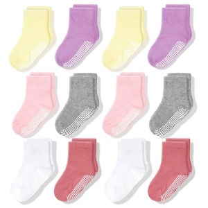 Cozyway Non-Slip Crew Grip Toddler Socks, 12 Pack for Girls, Pastel Colors, 1-3 Years Old - 1 of 4