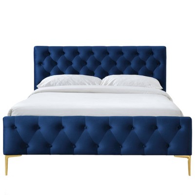 Omax Decor,France Wood and Fabric Upholstered Queen Platform Bed in Blue