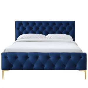 Omax Decor,France Wood and Fabric Upholstered Queen Platform Bed in Blue - 1 of 4
