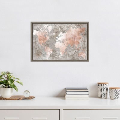 Celestial Pink and Beige Framed Canvas World Map Print