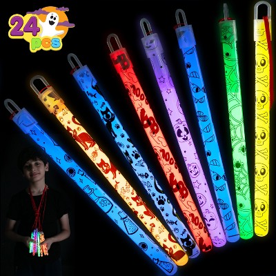 Joyfy 24 Pcs Halloween Glow Sticks, 8 Different Pattern Designs and 6 Colors Hanging Wands for Kids Party Favors Supplies, Glow in the Dark
