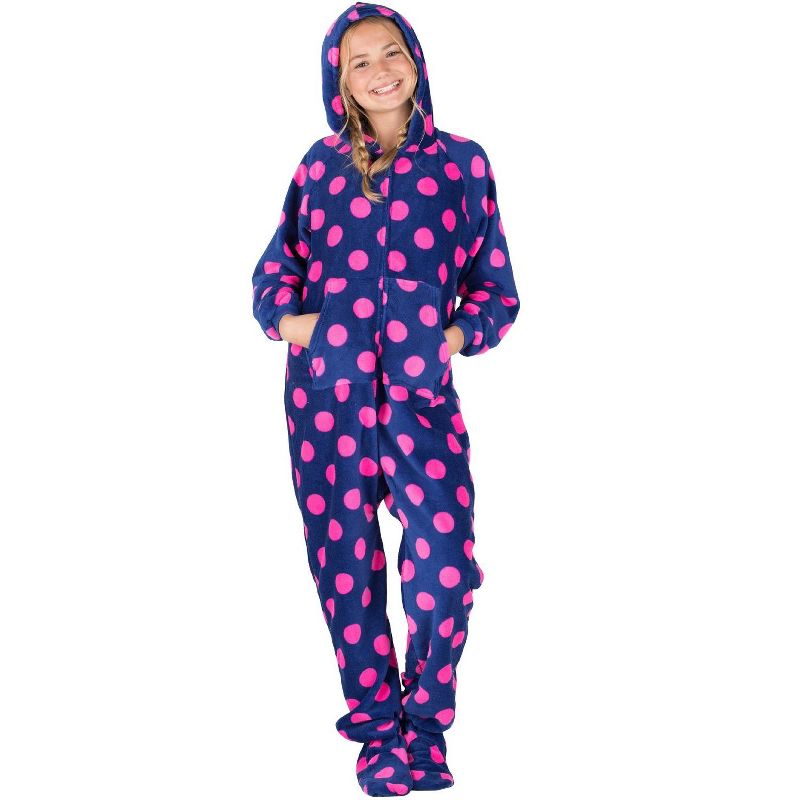 Footed Pajamas - Family Matching - Navy Pink Polka Hoodie Chenille Onesie For Boys, Girls, Men and Women | Unisex, 2 of 5