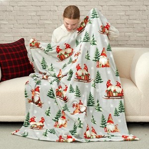 Lomsoe Christmas Sleigh Gnome with Pine Tree Print Flannel Blanket Cozy Warm Throw Blanket Christmas Gift for Winter Couch Sofa Bed Home Decor - 1 of 4