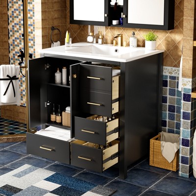 30'' Bathroom Vanity with Resin Sink Combo, Solid Wood Frame Storage Cabinet, Freestanding Vanity Set with 4 Drawers black