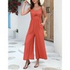 Women's Summer V Neck Spaghetti Strap Sleeveless Jumpsuits CutOut Smocked Long Wide Leg Rompers With Pockets - 4 of 4