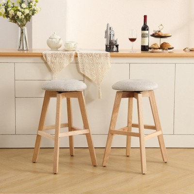 Beautyolove 26 in. Natural Backless Wood Counter Height Swivel Bar Stool with Padded Fabric Seat (Set of 2)