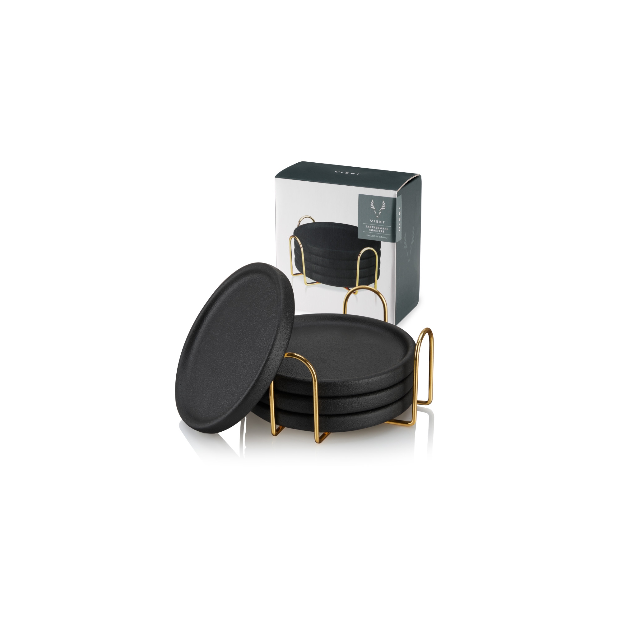 Viski Earthenware Coasters Set of 4 with Gold Metal Stand, Round Black with Raised Rims, Protect Tables & Surfaces, Housewarming, Home, Kitchen Gifts