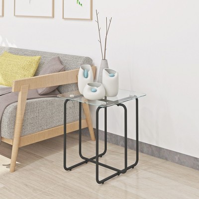 Transparent Tempered Glass End Table with Black Metal Frame