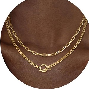 Gold Layered Necklaces for Women - HTUTWOO™ 14K Dainty Gold Chain Necklace Women Trendy Cuban Link Paperclip Chain Toggle Clasp Necklace - 1 of 4
