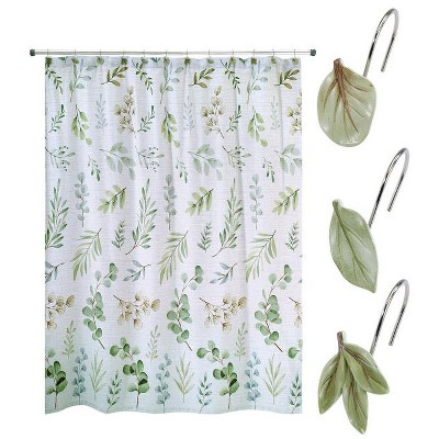 Ombre Leaves Botanical Fabric Shower Curtain Set with Hooks