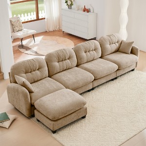 140" Chenille Upholstery L-Shaped Modular Sectional Sofa with Ottoman, Tufted Backrest, Ergonomic Cushions - 1 of 4