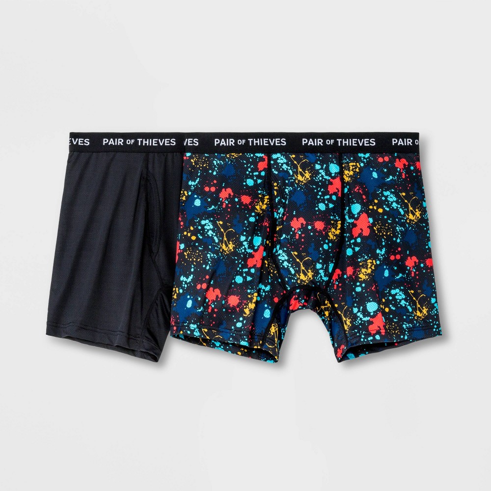 Pair of Thieves Men's Super Fit Paint Splatter Boxer Briefs 2pk - Black/Blue L: Lightweight Mesh, Regular Rise, 85% Polyamide