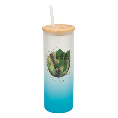 Elanze Designs 25 Ounce Frosted Glass Gradient Travel Tumbler With Straw and Wooden Lid, Softball With Green Bow Sky Blue - image 1 of 1