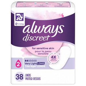 Always Discreet for Sensitive Skin Liners Light Long Absorbency, Four Times Skin Protection, Soft, Dermatologically Tested, Fragrance-Free, 38 Count - 1 of 4