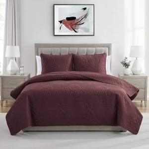 VCNY 3pc Full/Queen Solomun Pinsonic Quilt Bedding Set Maroon: Hypoallergenic, Embroidered, Microfiber - 1 of 4