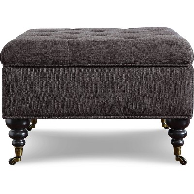 Charcoal Tufted Storage Ottoman with Turned Wood Legs