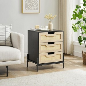 3-Drawer Rattan Nightstand, Modern Farmhouse Bedside Table with Metal Legs, Boho Style End Table, Black - 1 of 4