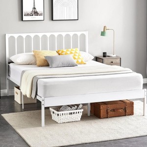 Queen Size White Metal Bed Frame with Wave Headboard, Platform Bed with 2 Storage Drawers and Underbed Space, No Box Spring Needed Easy Assembly - 1 of 4