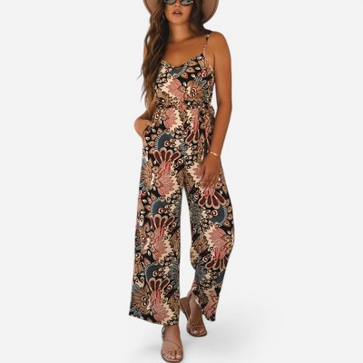 Amaryllis Women's Sleeveless Printed Jumpsuit Adjustable Spaghetti Straps Wide Leg Flowy Fit One-Piece Outfit