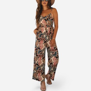 Amaryllis Women's Sleeveless Printed Jumpsuit Adjustable Spaghetti Straps Wide Leg Flowy Fit One-Piece Outfit - 1 of 4