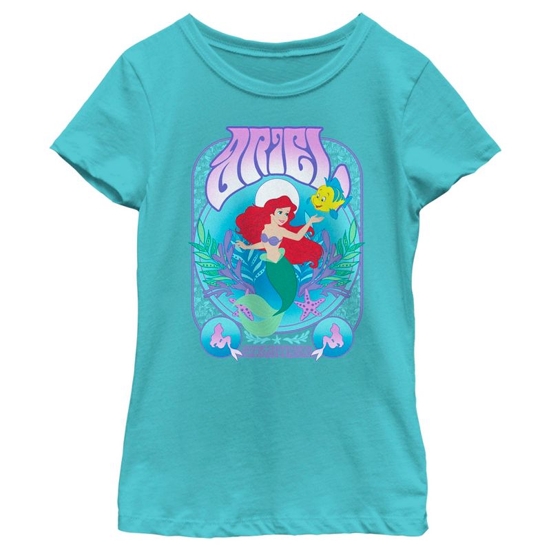 Girl's The Little Mermaid Ariel Flounder Poster T-Shirt, 1 of 5