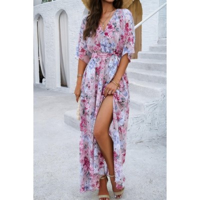 I AM A FASHION JUNKY Floral Print V Neck Waist Cinched Split Long Dress