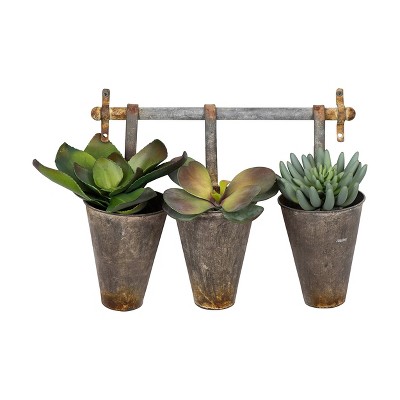 Rustic Silver Tin Wall Rack with 3 Tapered Planters