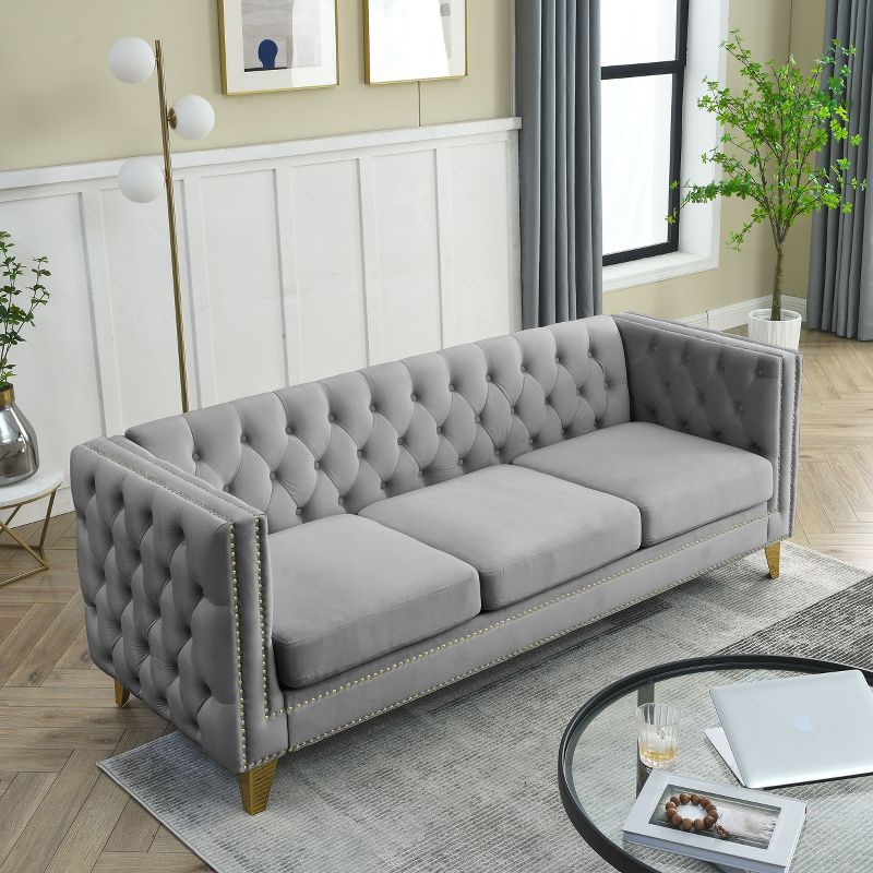 Living Room Modern Velvet Sofa With Button Tufted Square Arms And Metal Legs - ModernLuxe, 3 of 14
