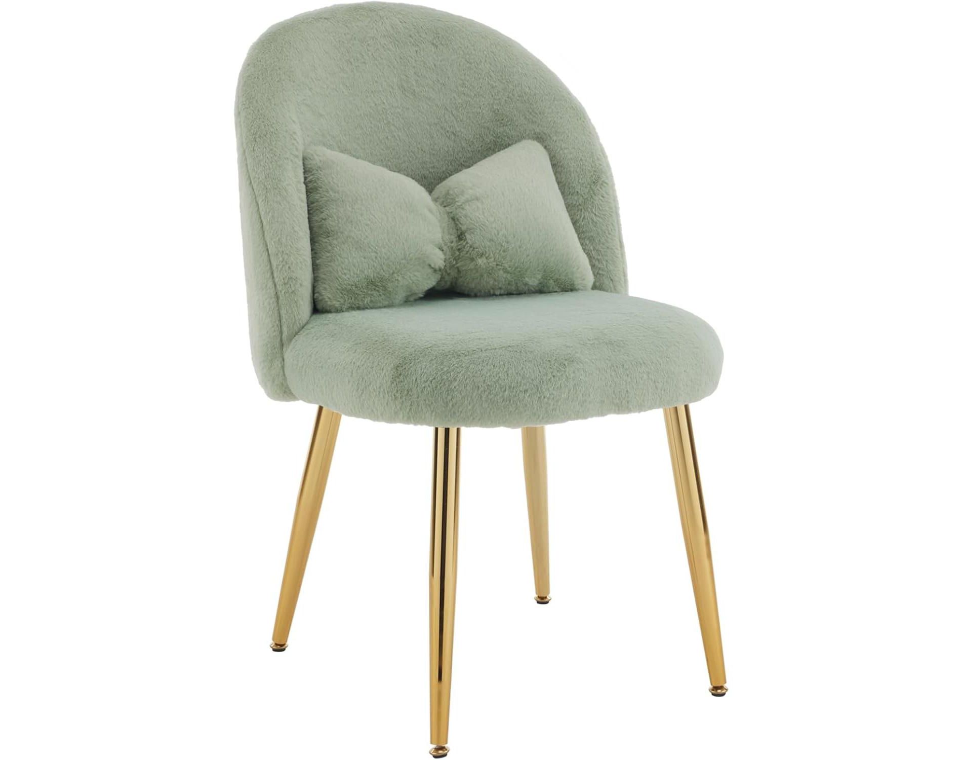 VINGLI Girls Vanity Chair with Back,Cute Small Desk Chair No Wheels,Fluffy Comfy Chair with Pillow,Cozy Makeup Chair with Ajustable Gold Legs