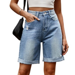 Women's Summer Long Jeans Shorts High Rise Loose-Fit Wide Leg Denim Shorts Stretchy Dad Y2K Shorts with Pockets - 1 of 4