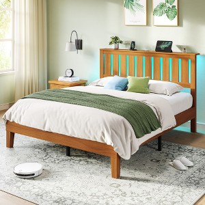 Greenstell Wooden Bed Frame with Headboard, Charging Station & LED Lights - Wood Slat Support Foundation, No Box Spring Needed - 1 of 4