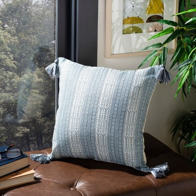 Lunette 16" Blue and White Striped Pillow with Tassels