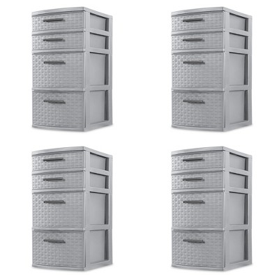 Sterilite 26226A02 Plastic 4 Drawer Organizer Storage Tower with Medium Weave Drawer Fronts and Easy-Pull Handles, Gray (4 Pack)